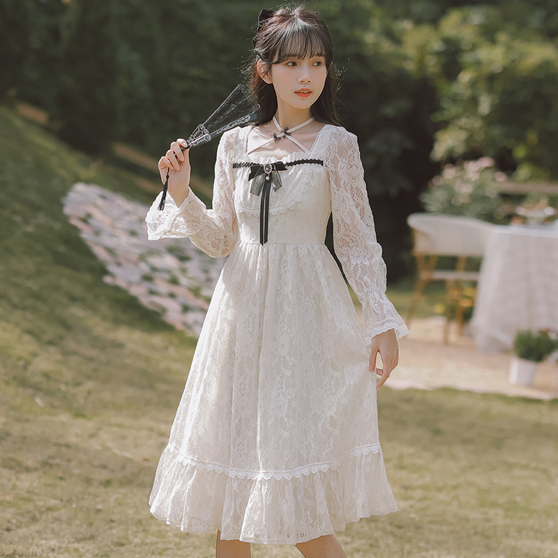 Long sleeve lady dress lace bow long dress