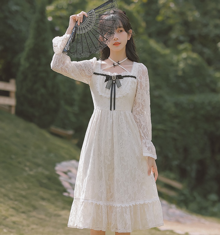 Long sleeve lady dress lace bow long dress