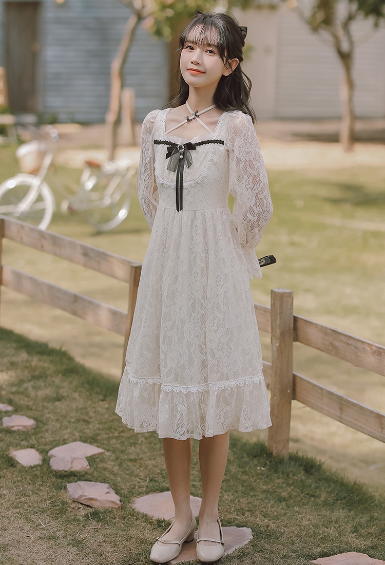 Long sleeve lady dress lace bow long dress