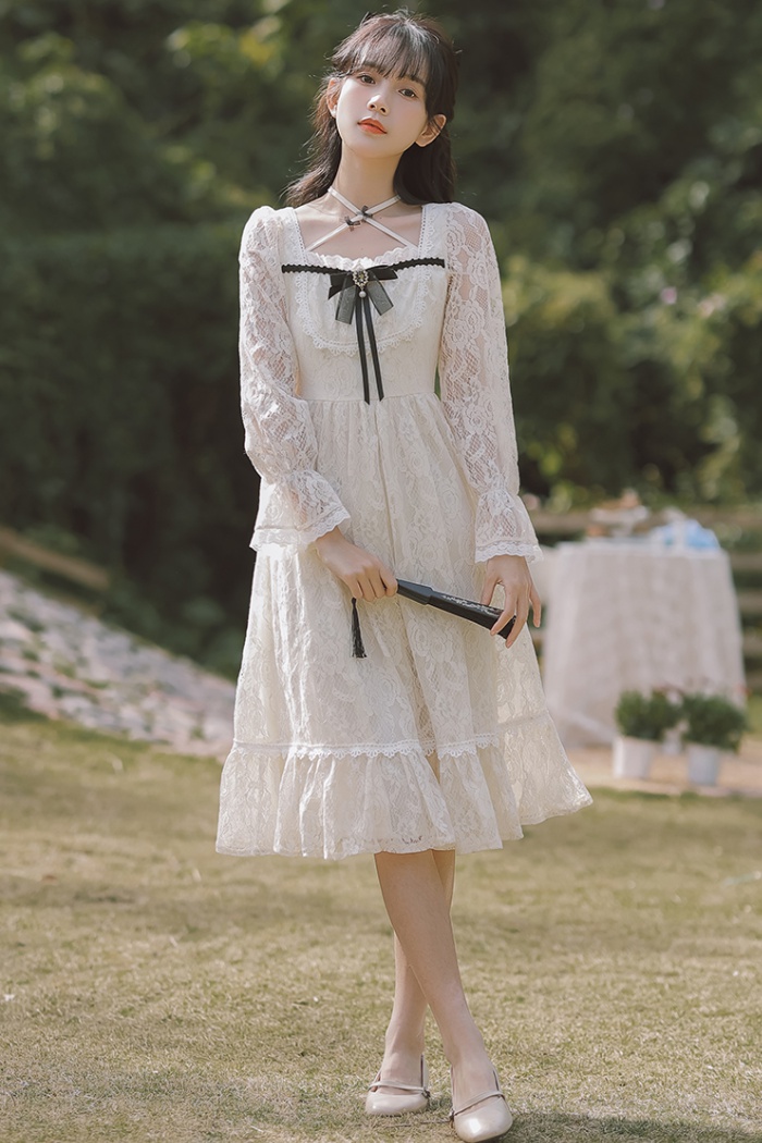 Long sleeve lady dress lace bow long dress