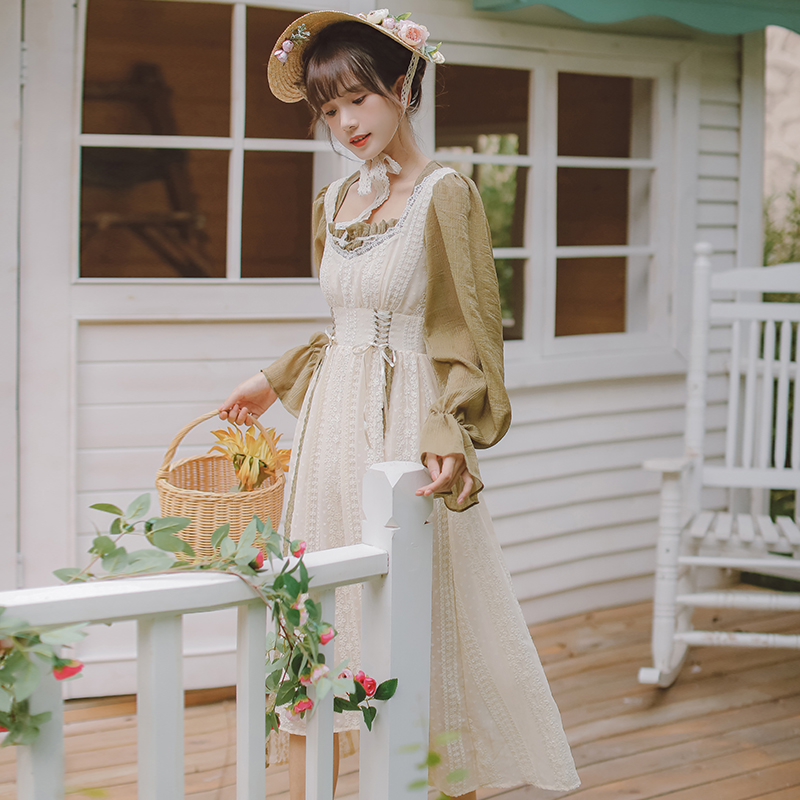 Apricot long sleeve retro green pinched waist dress