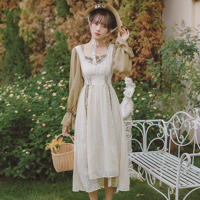 Apricot long sleeve retro green pinched waist dress