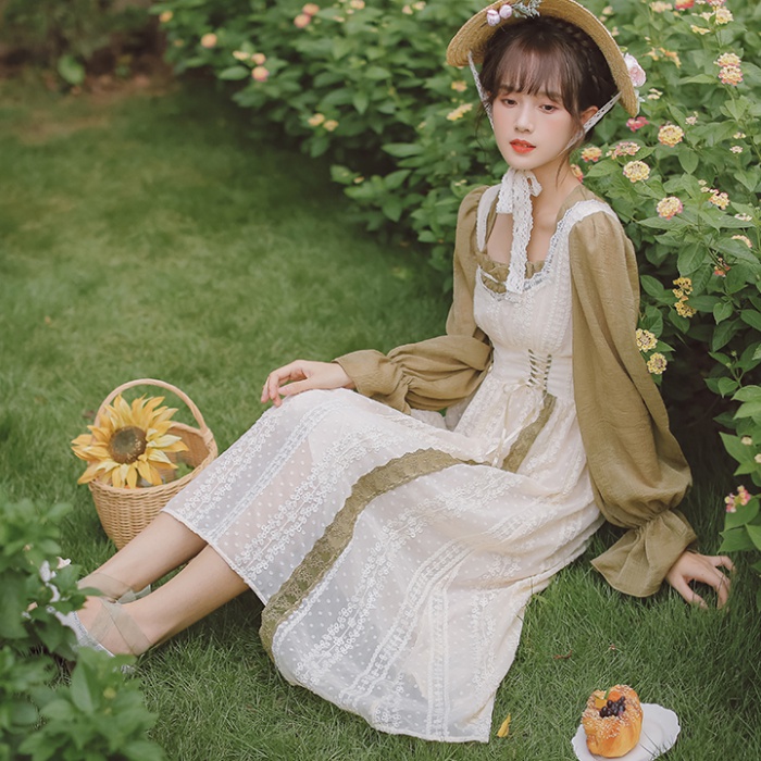 Apricot long sleeve retro green pinched waist dress