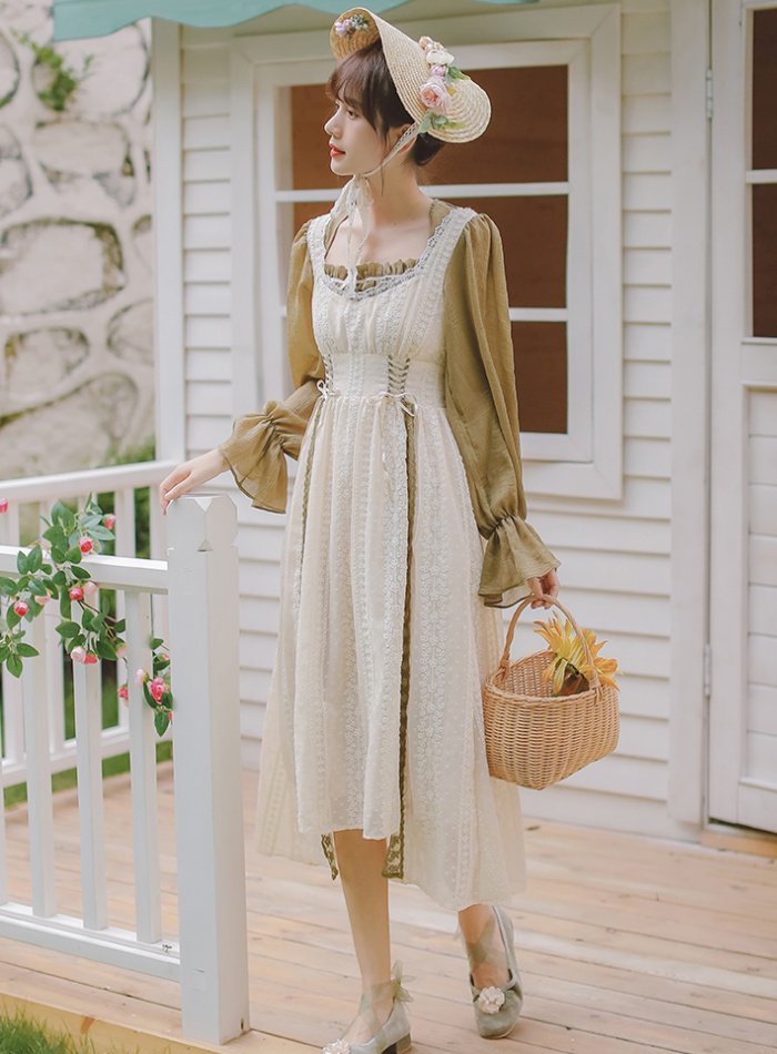 Apricot long sleeve retro green pinched waist dress