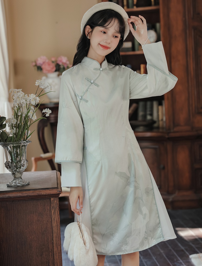 Autumn Chinese style cheongsam printing tender dress