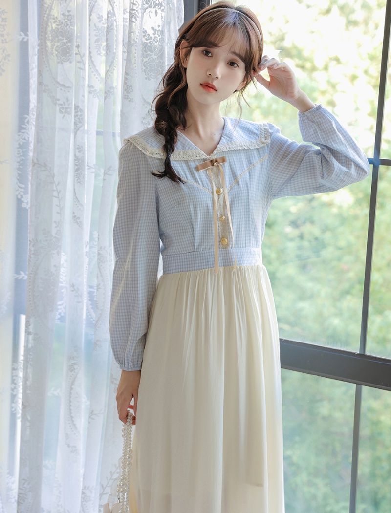 France style temperament navy collar tender slim dress