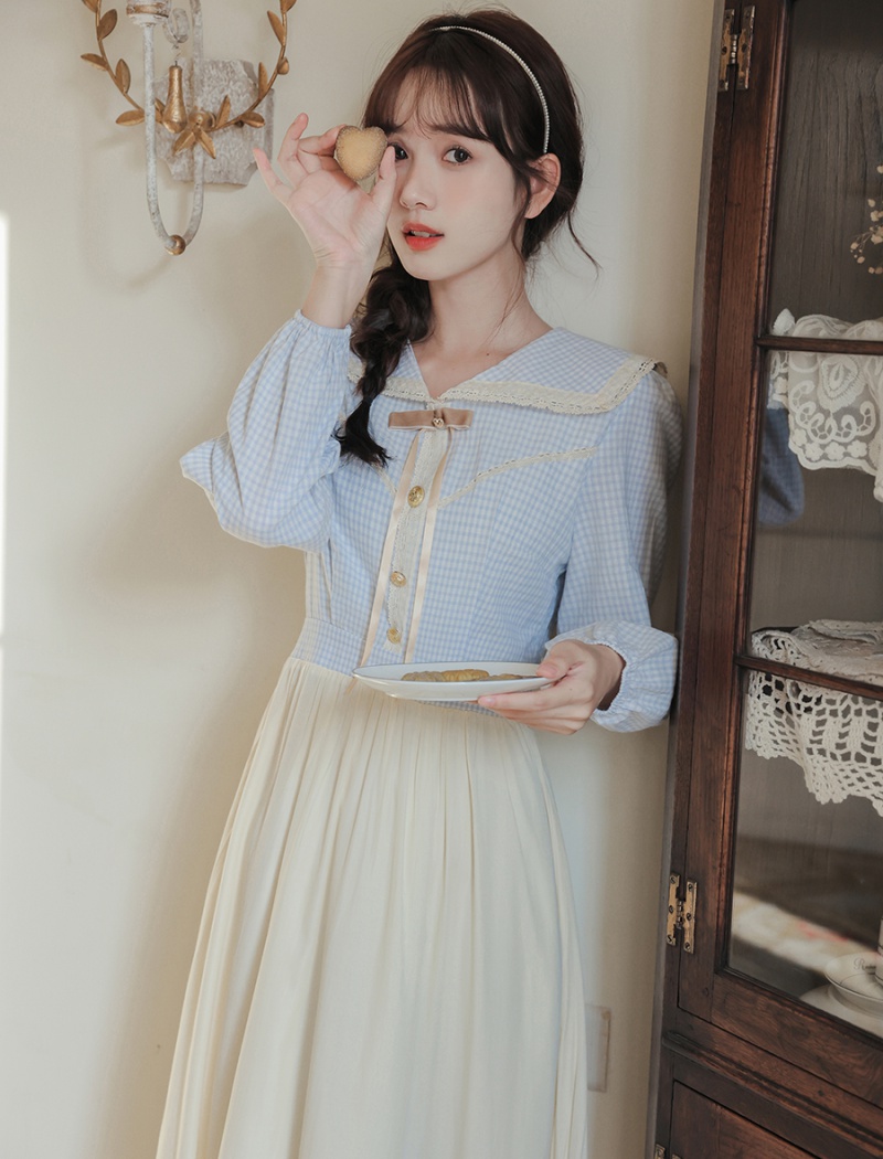 France style temperament navy collar tender slim dress