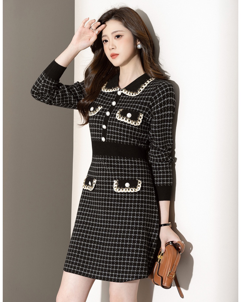 Ladies fashion sweater dress lapel temperament dress