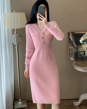 Exceed knee pink autumn and winter knitted dress for women