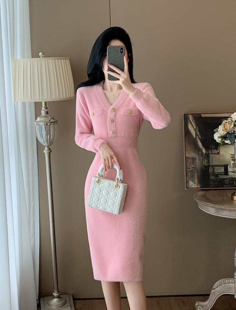 Exceed knee pink autumn and winter knitted dress for women