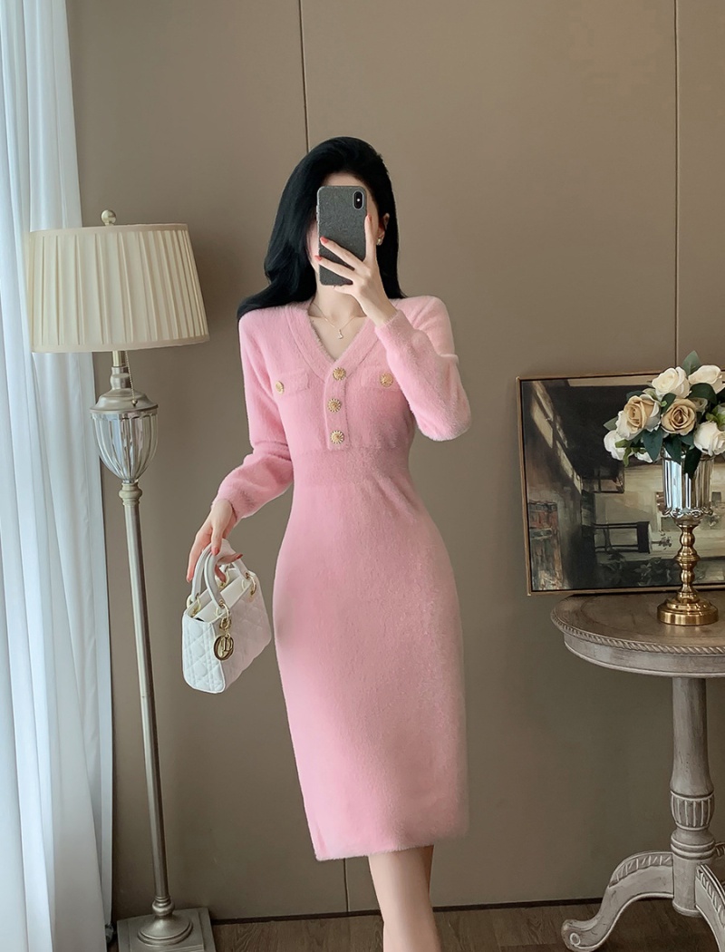 Exceed knee pink autumn and winter knitted dress for women