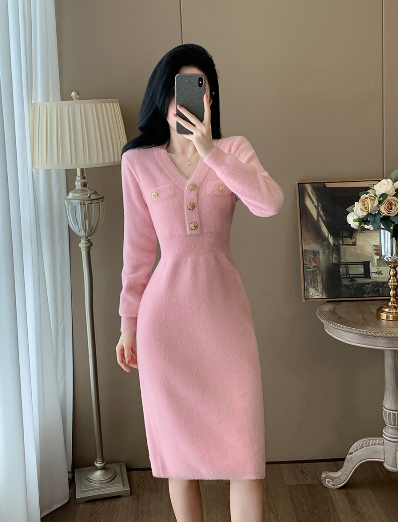 Exceed knee pink autumn and winter knitted dress for women