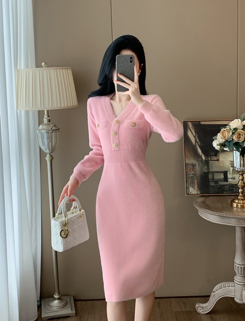 Exceed knee pink autumn and winter knitted dress for women