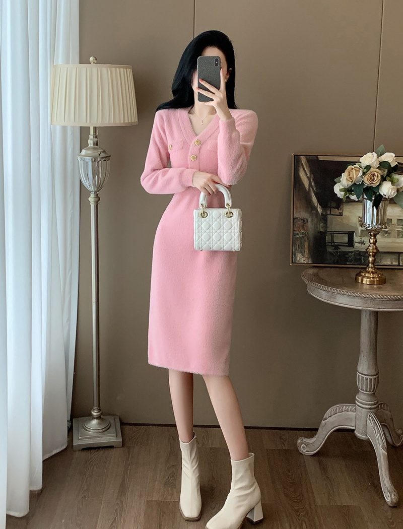 Exceed knee pink autumn and winter knitted dress for women