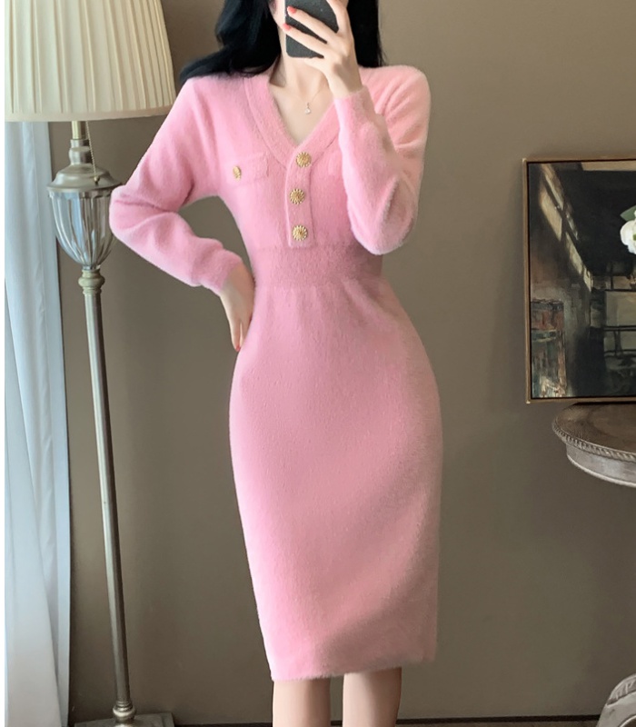 Exceed knee pink autumn and winter knitted dress for women