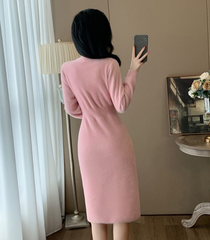 Exceed knee pink autumn and winter knitted dress for women