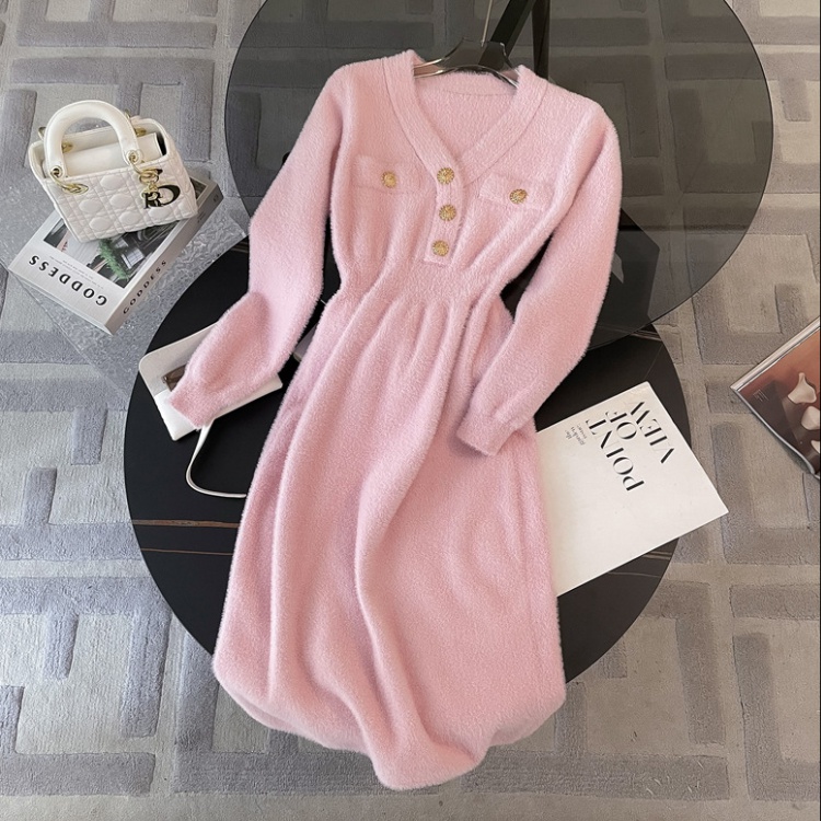 Exceed knee pink autumn and winter knitted dress for women