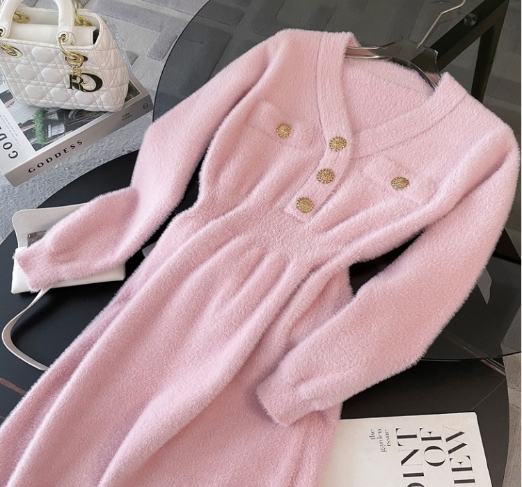 Exceed knee pink autumn and winter knitted dress for women