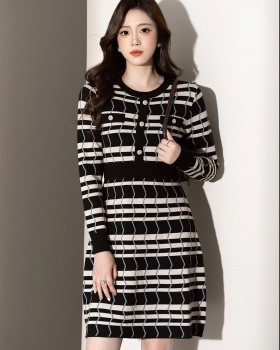 Knitted France style stripe sweater dress A-line autumn dress