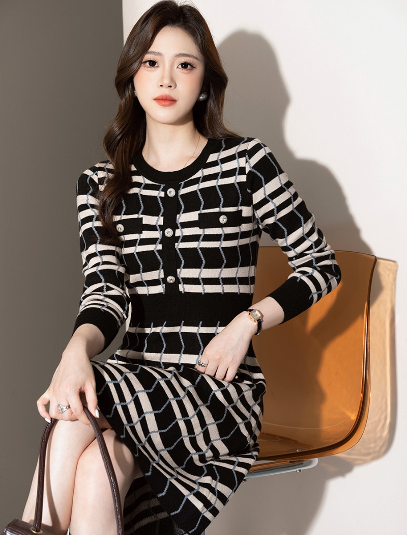 Knitted France style stripe sweater dress A-line autumn dress