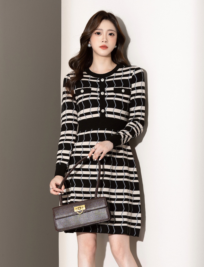 Knitted France style stripe sweater dress A-line autumn dress