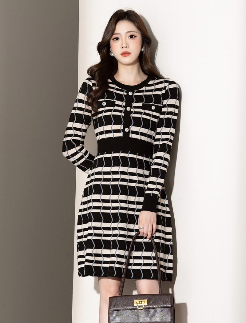 Knitted France style stripe sweater dress A-line autumn dress