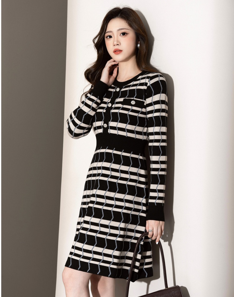 Knitted France style stripe sweater dress A-line autumn dress