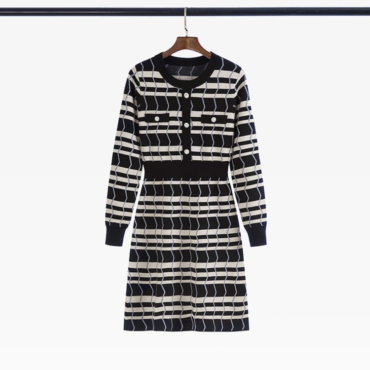 Knitted France style stripe sweater dress A-line autumn dress