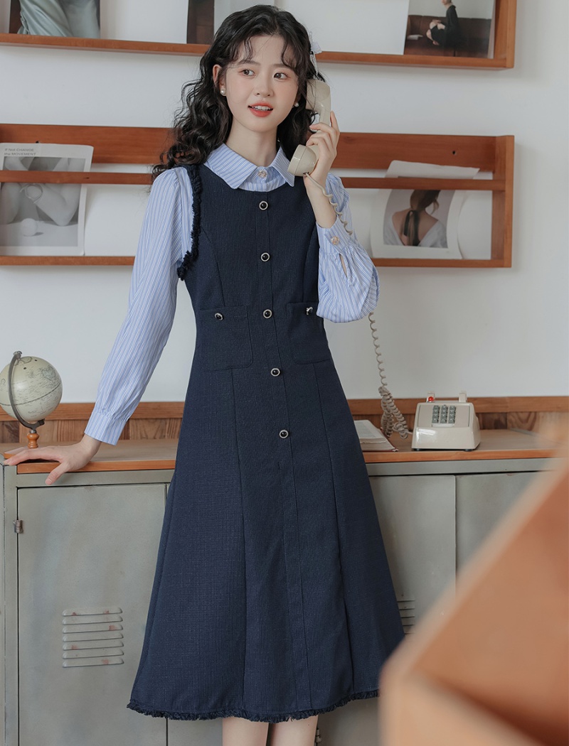 Long sleeve show young Pseudo-two autumn dress