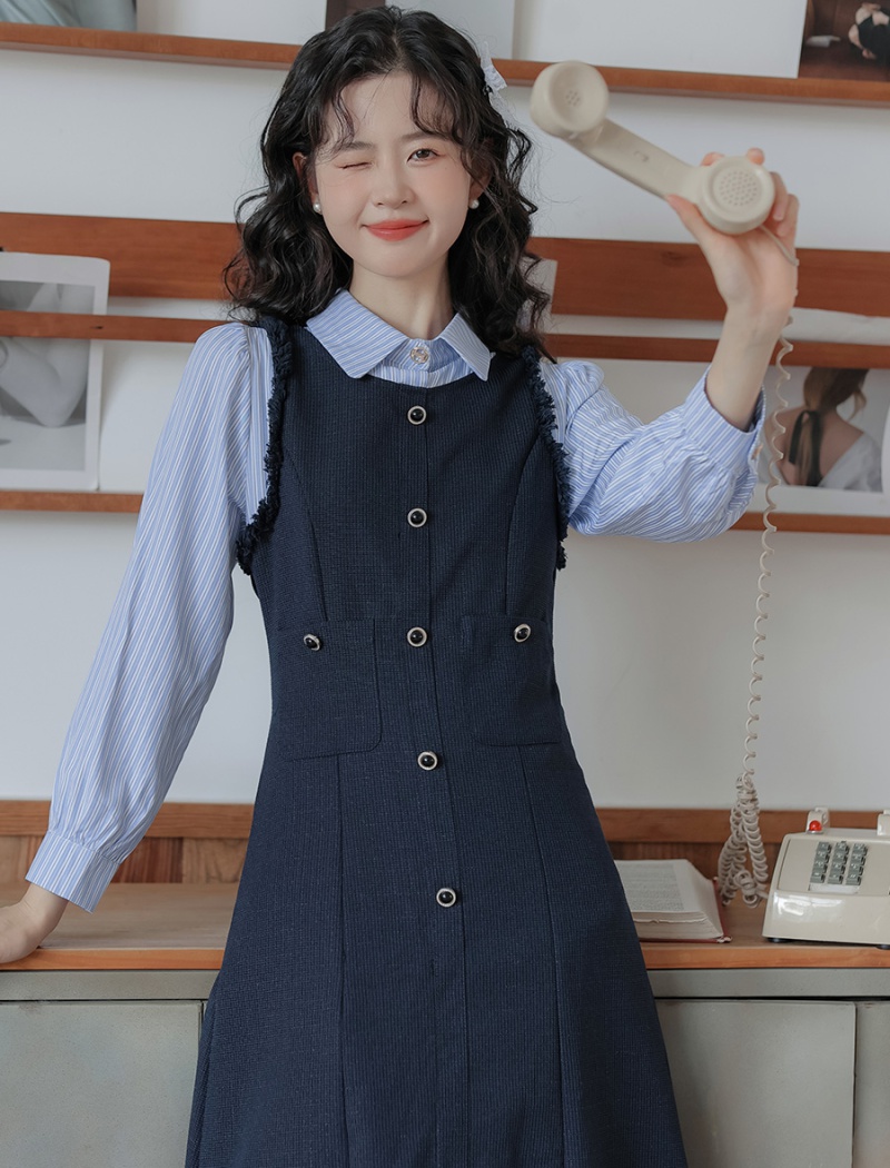 Long sleeve show young Pseudo-two autumn dress