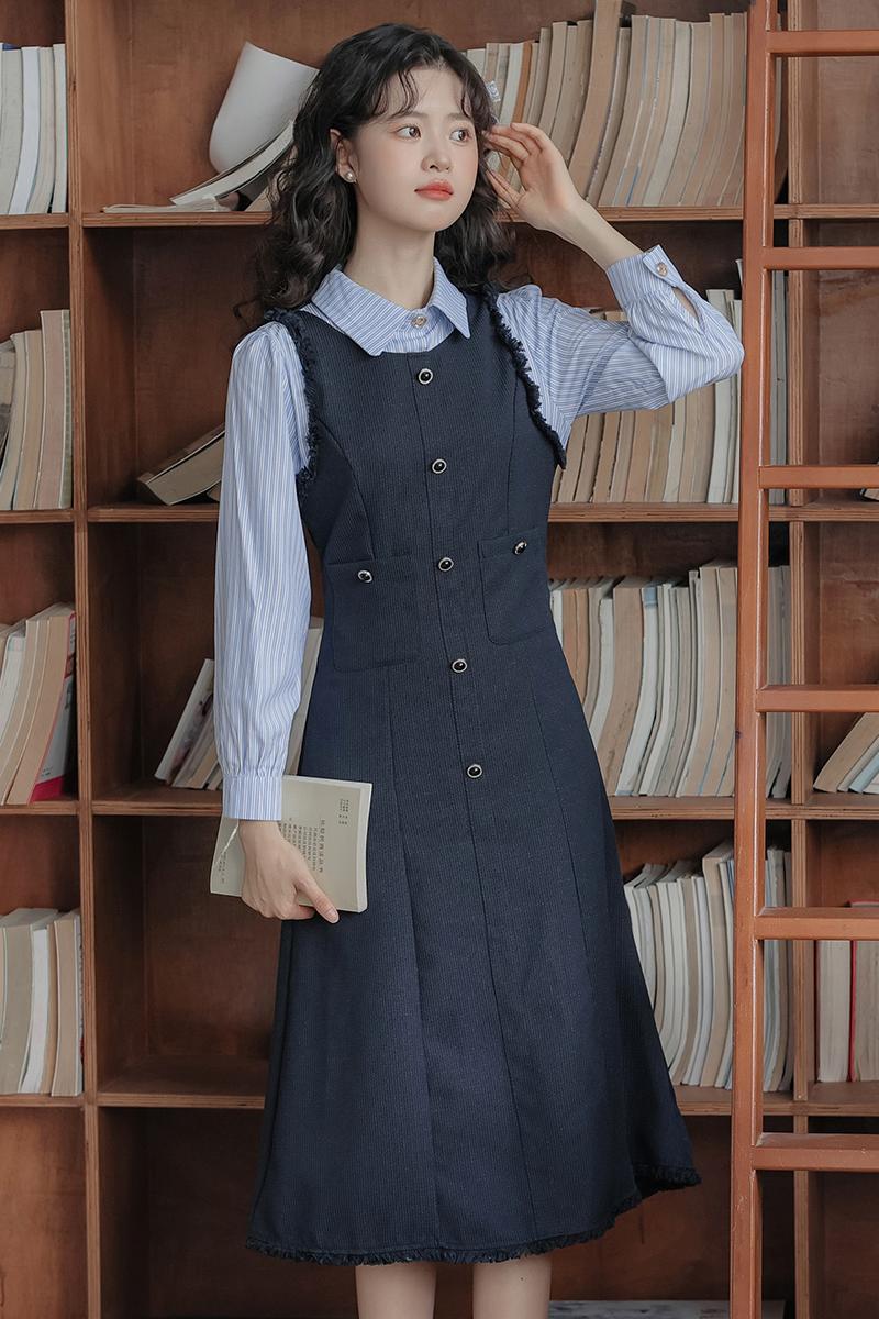 Long sleeve show young Pseudo-two autumn dress