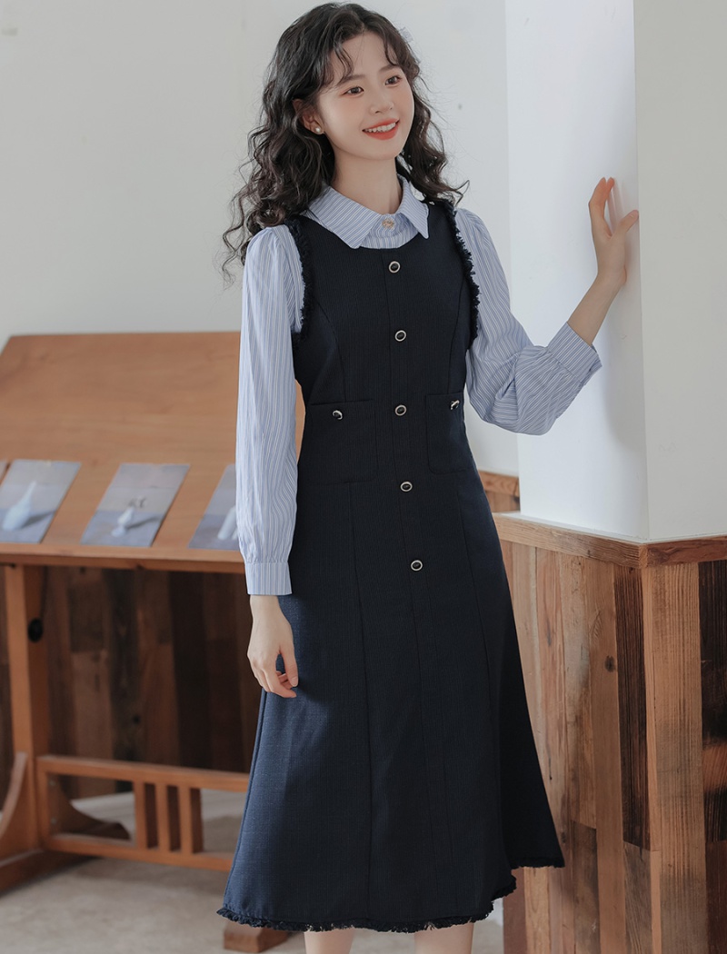 Long sleeve show young Pseudo-two autumn dress