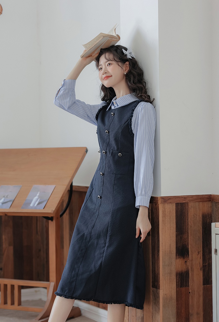 Long sleeve show young Pseudo-two autumn dress