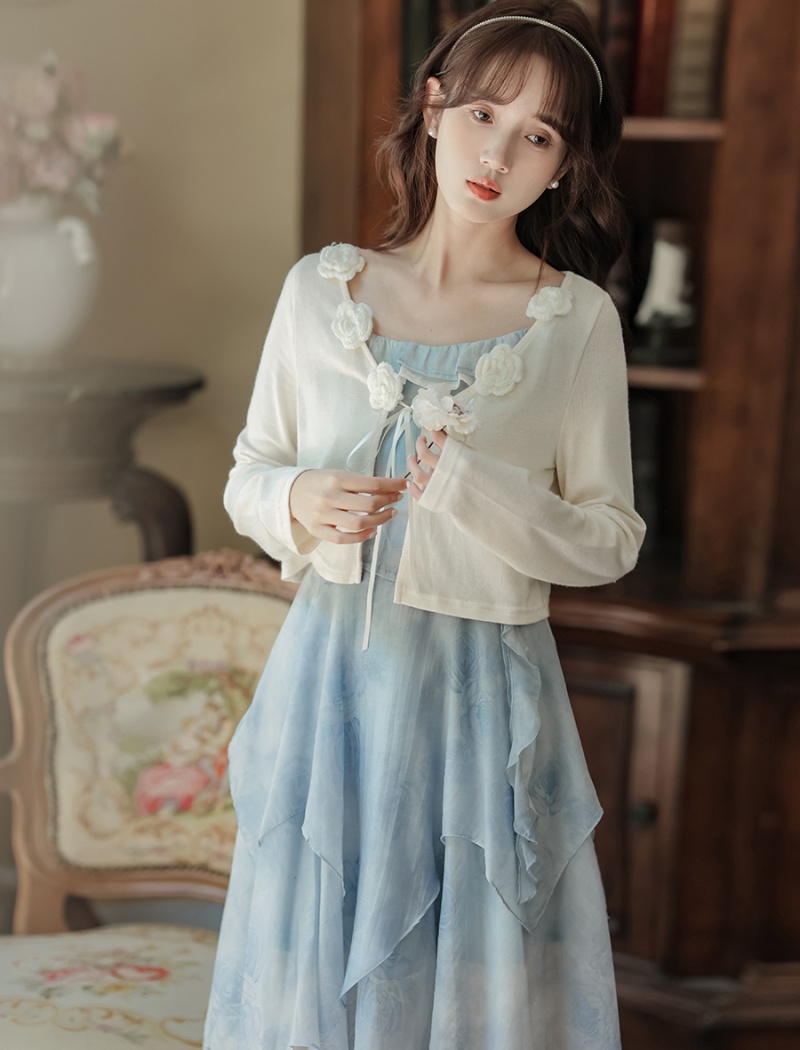 Slim cardigan rose dress 2pcs set for women