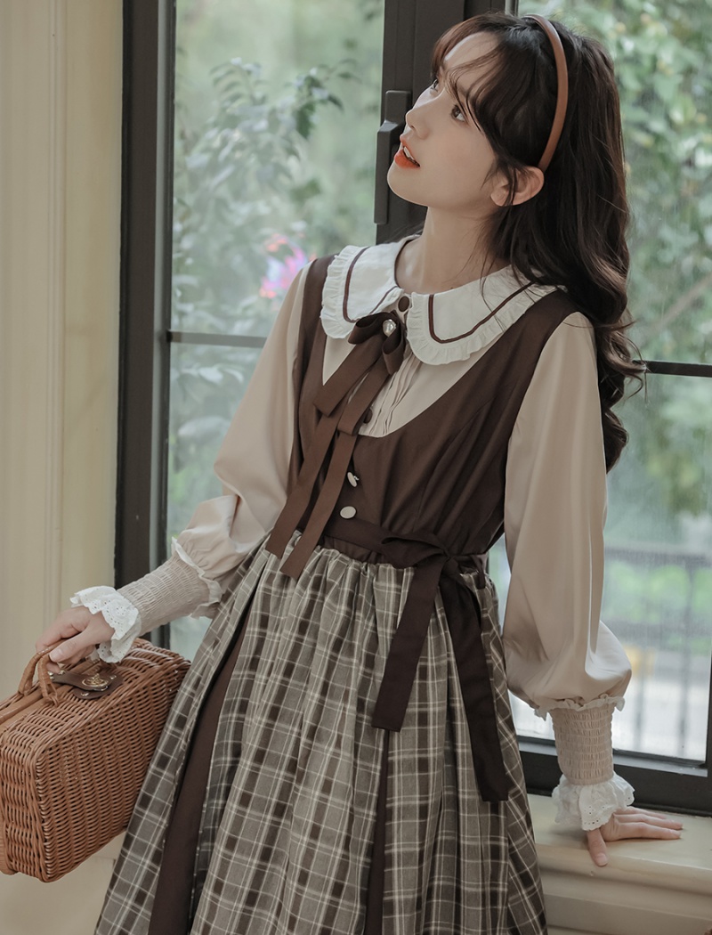 Retro doll collar slim plaid splice navy collar dress