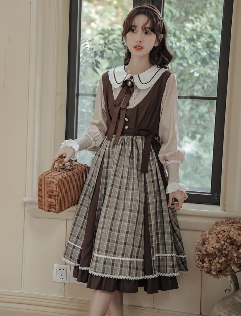 Retro doll collar slim plaid splice navy collar dress