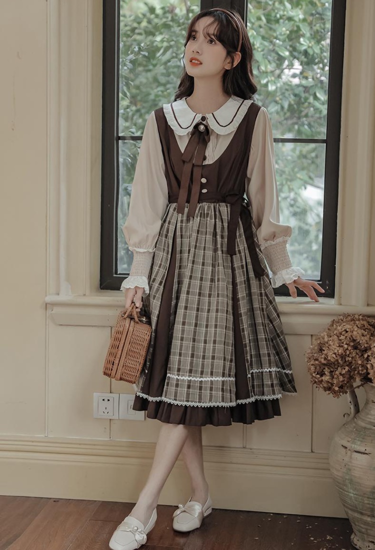 Retro doll collar slim plaid splice navy collar dress