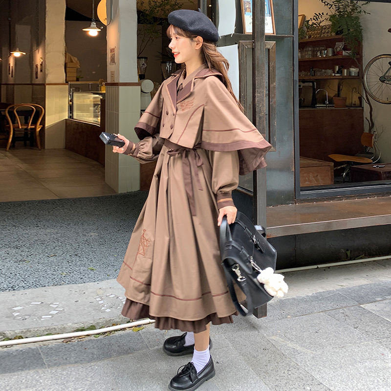 Japanese style college style cloak retro long dress 2pcs set