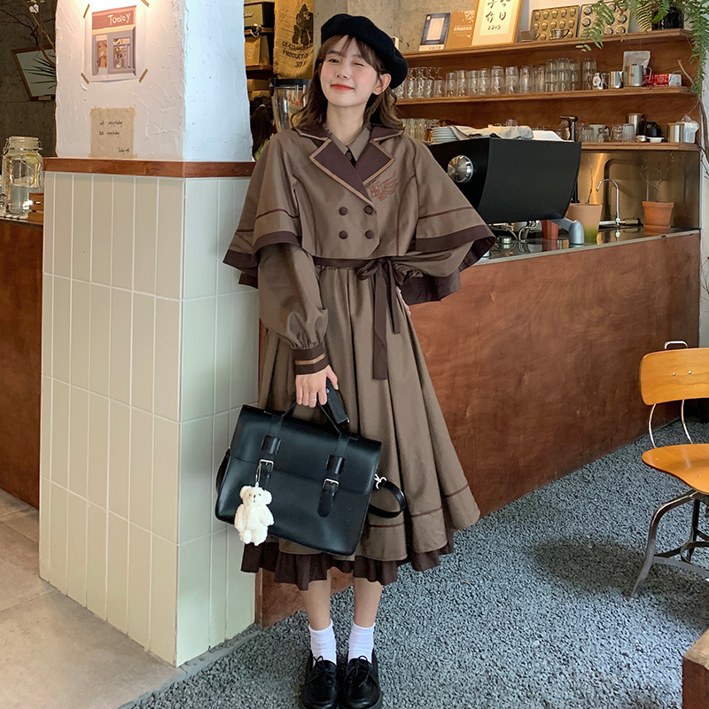 Japanese style college style cloak retro long dress 2pcs set