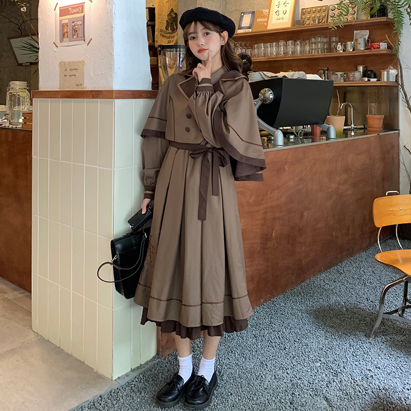 Japanese style college style cloak retro long dress 2pcs set