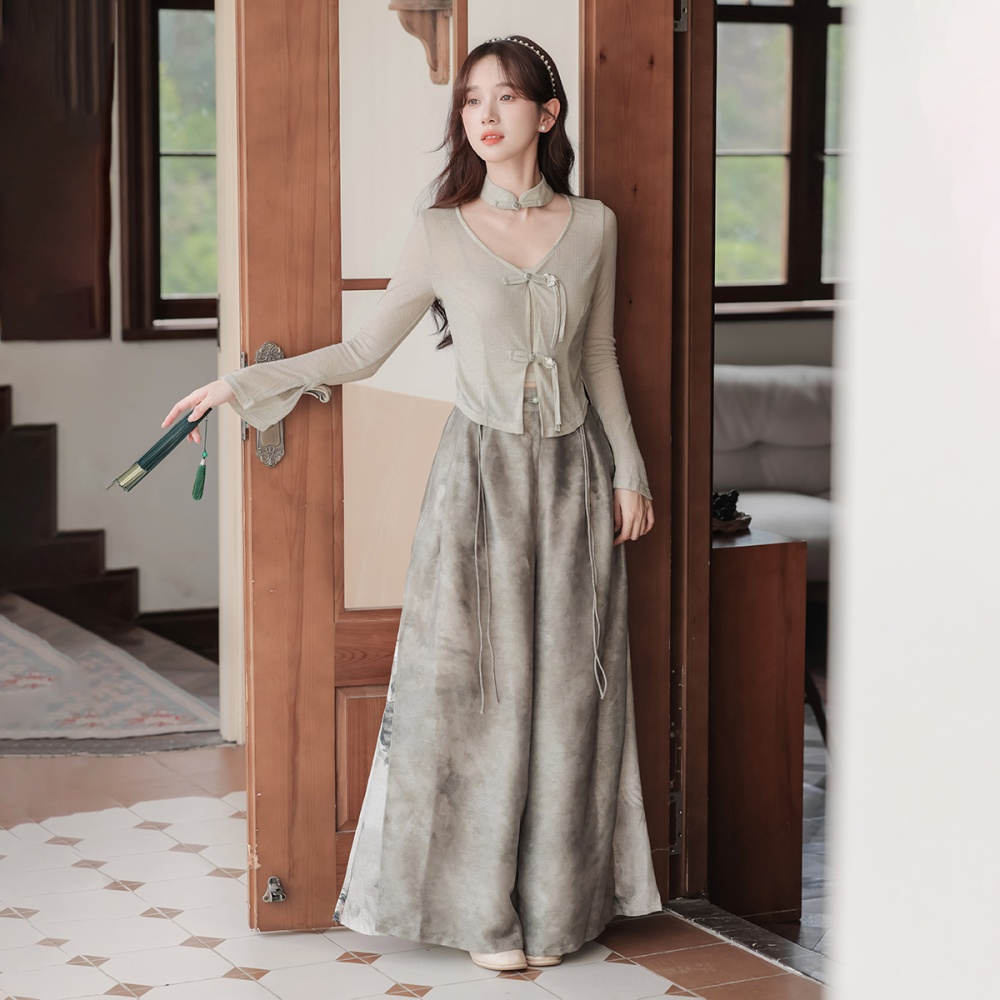 Autumn knitted cardigan Chinese style wide leg pants 2pcs set