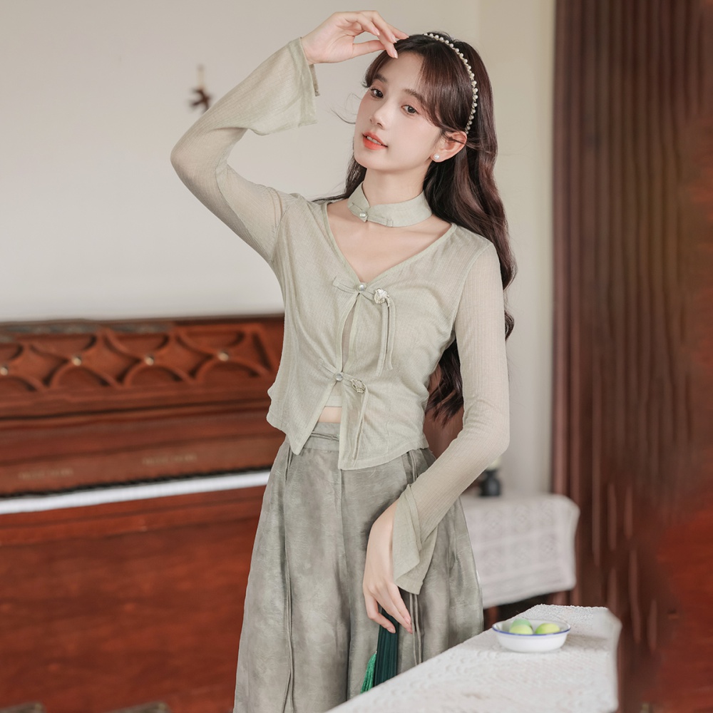 Autumn knitted cardigan Chinese style wide leg pants 2pcs set