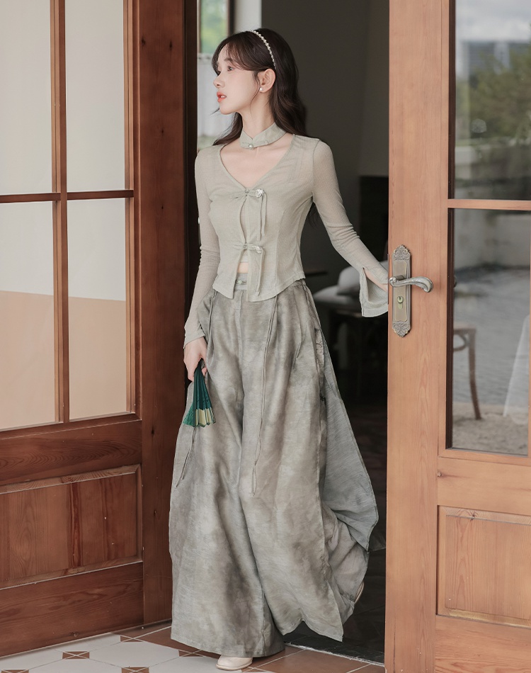 Autumn knitted cardigan Chinese style wide leg pants 2pcs set