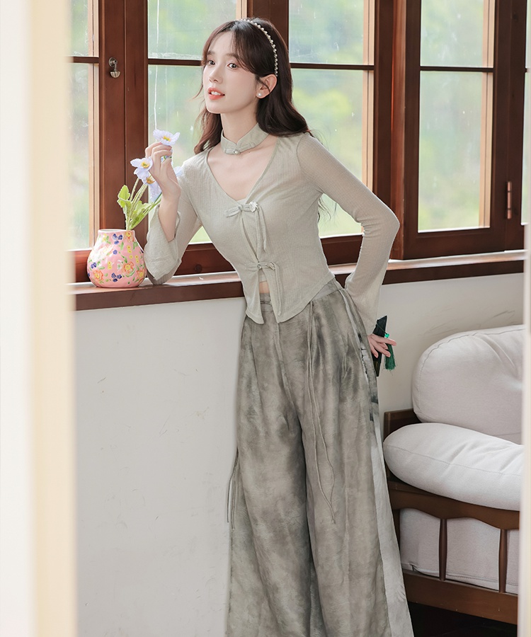 Autumn knitted cardigan Chinese style wide leg pants 2pcs set