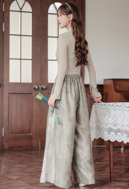 Autumn knitted cardigan Chinese style wide leg pants 2pcs set