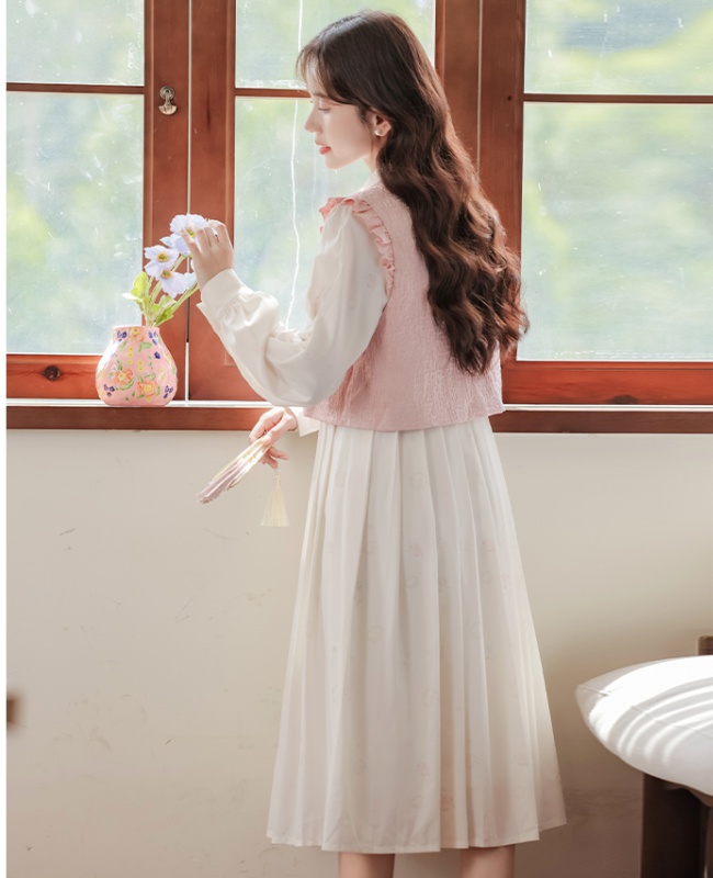 Sweet chiffon long dress tender autumn dress 2pcs set