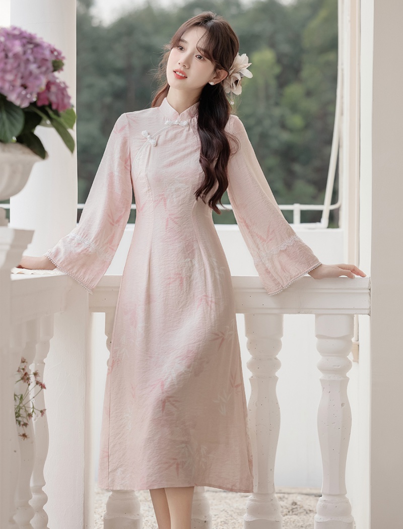 Pink Chinese style cheongsam autumn dress