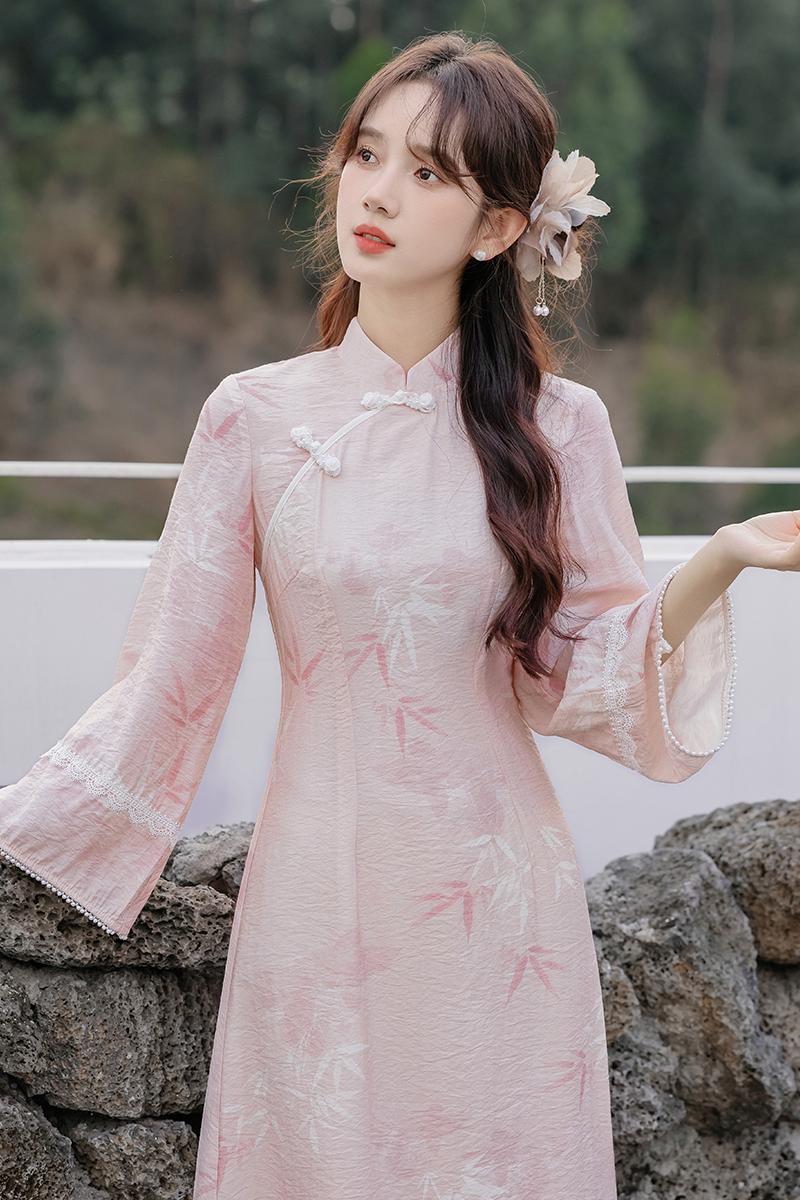 Pink Chinese style cheongsam autumn dress