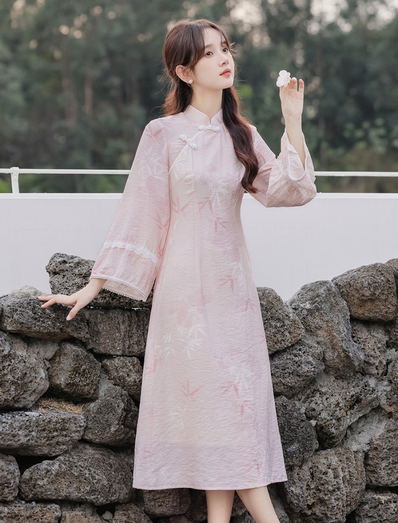 Pink Chinese style cheongsam autumn dress