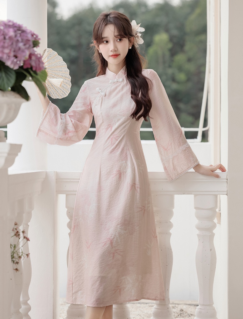 Pink Chinese style cheongsam autumn dress